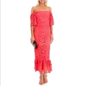 Shoshanna Midnight Midi Off the Shoulder Dress